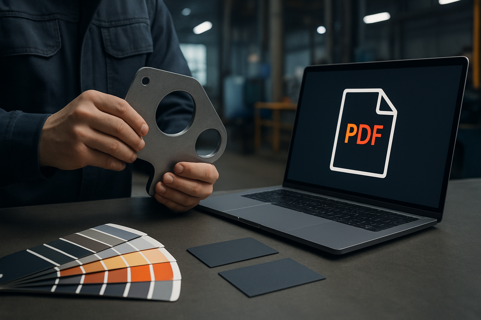 Průmyslová dílna, vizitky a laptop s ukázkou brandu